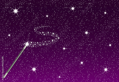 Winter night with falling snowflakes, magic wand and silver stream of stars