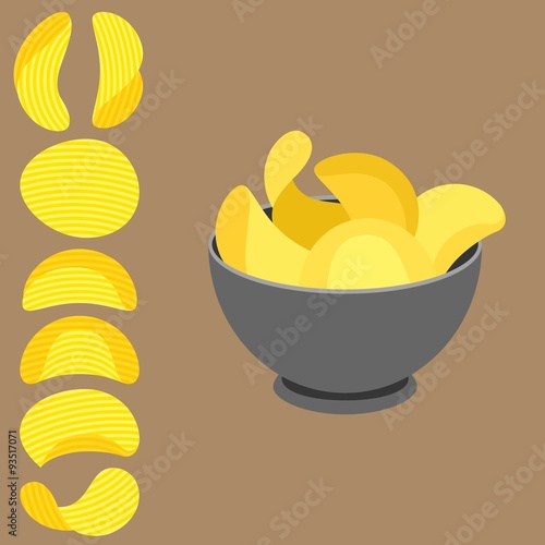 Vector potato chips in bowl and potato chips with texture, flat design