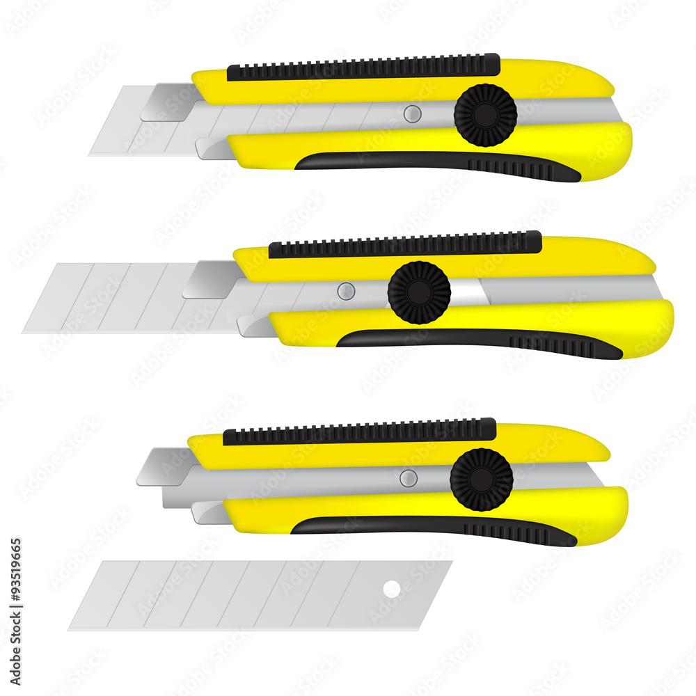 Stationery knife. Yellow Utility knife. Stationery knife. Yellow Utility knife.