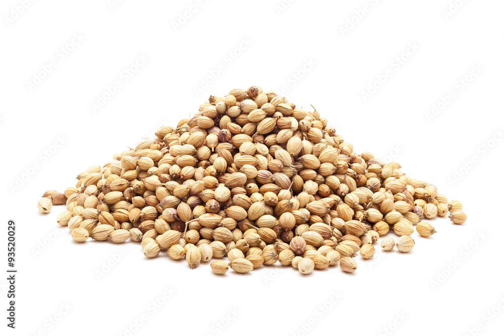 Pile of Organic Dried coriander seeds (Coriandrum sativum) isolated on white background. Pile of Organic Dried coriander seeds (Coriandrum sativum) isolated on white background.