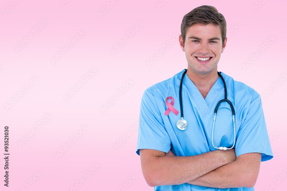 Composite image of young nurse in blue tunic with arms crossed Composite image of young nurse in blue tunic with arms crossed