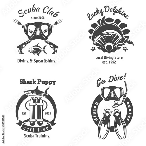 Scuba diving club labels set. Underwater swimming logos