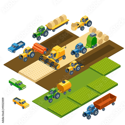 Isometric agricultural equipment, farm tractors, combain