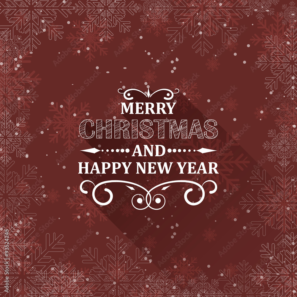 Christmas greeting card with snowflakes and ornate heading. Flat design.