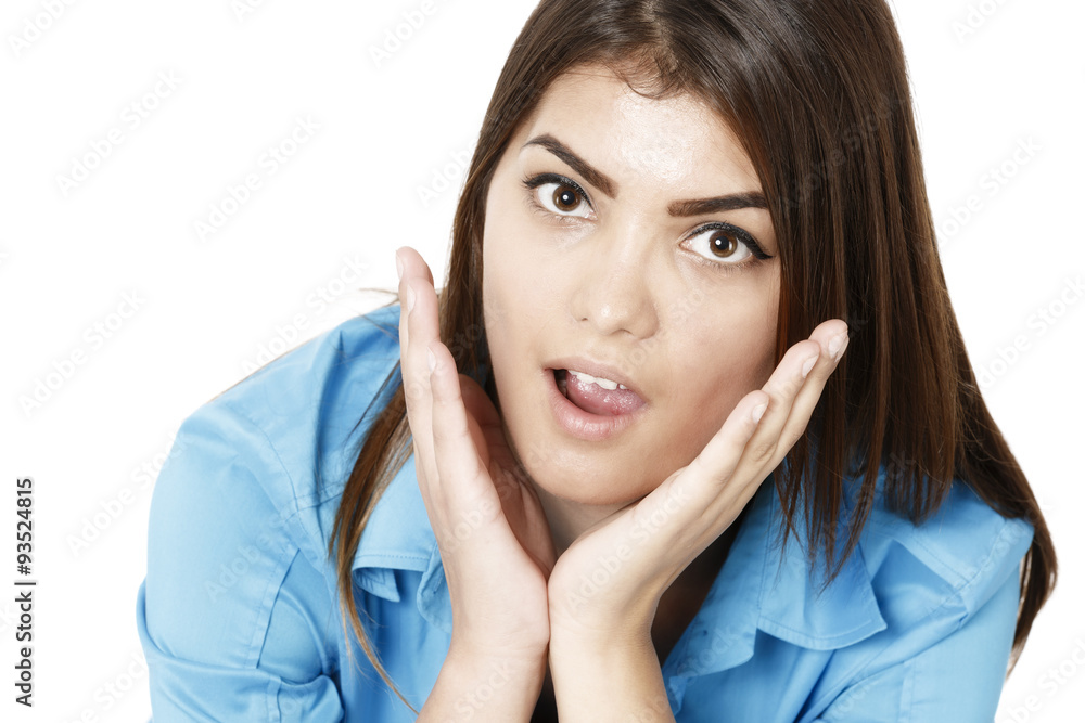 Beautiful businesswoman smiling with open mouth and open palms Beautiful businesswoman smiling with open mouth and open palms