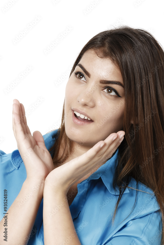 Fototapeta premium Beautiful businesswoman smiling with open mouth and open palms