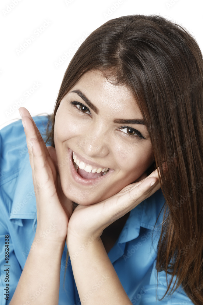 Beautiful businesswoman smiling with open mouth and open palms Beautiful businesswoman smiling with open mouth and open palms
