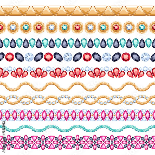 Colorful gemstones seamless horizontal borders set.