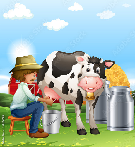 Farmer milking a cow at daytime