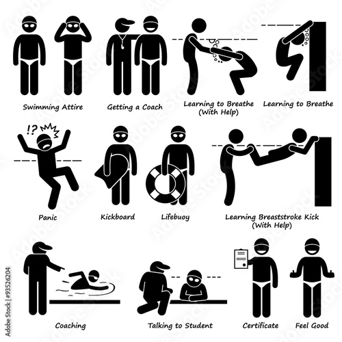 Adult Beginner Learning How to Swim with the Help of Swimmer Coach in a Swimming Lesson Class at a Pool Pictogram