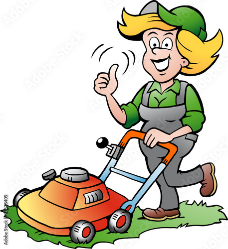 Vector Cartoon illustration of a Handy Gardener Woman with a Lawnmower