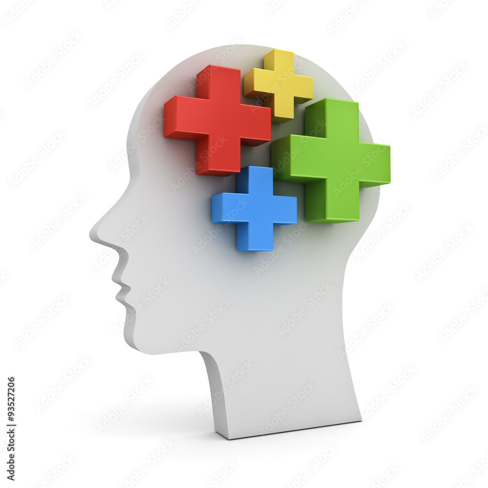 Obraz premium Colorful plus signs in human head shape isolated over white background the positive thinking concept