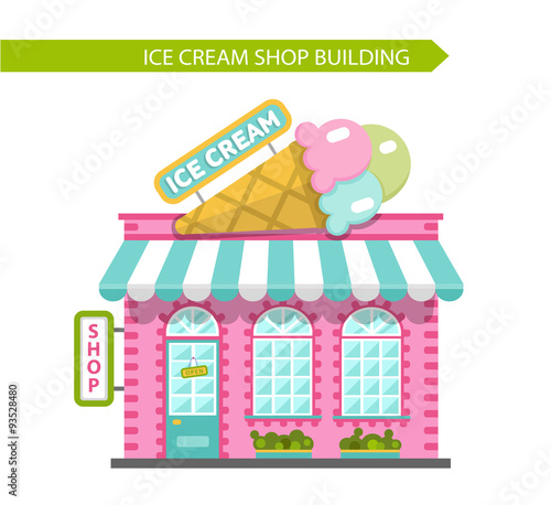 Vector flat style illustration of ice cream shop building. Signboard with big ice cream cone. Isolated on white background.