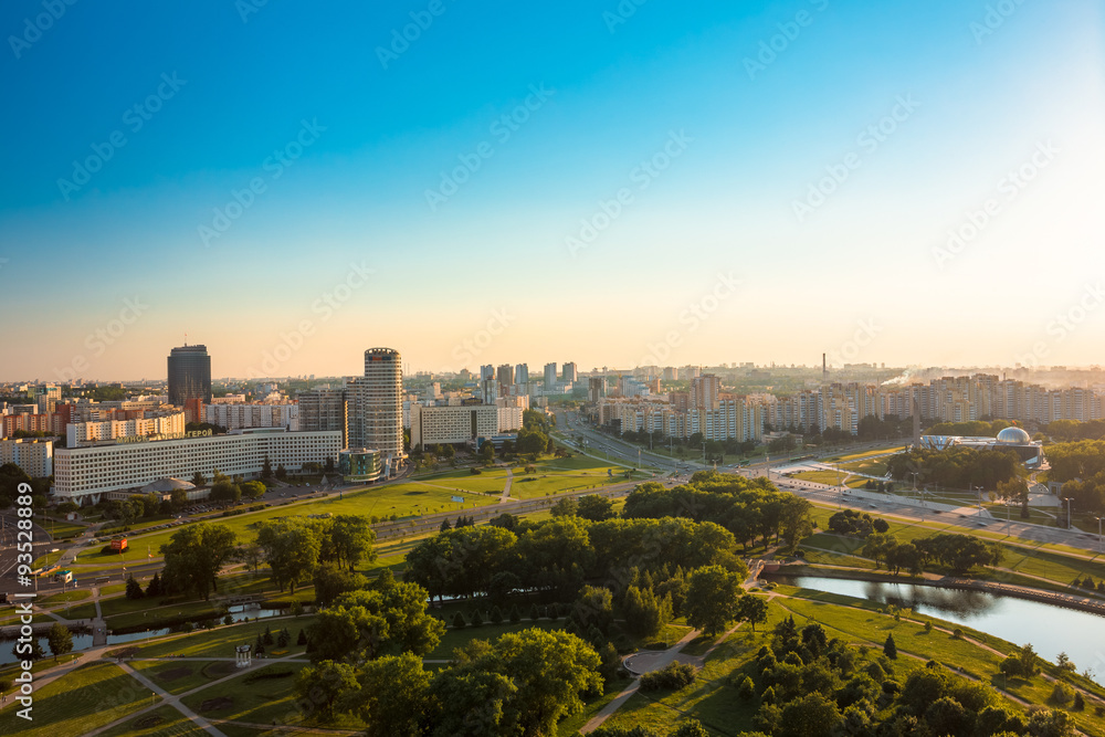 Naklejka premium Aerial view, cityscape of Minsk, Belarus. Sunset over Minsk