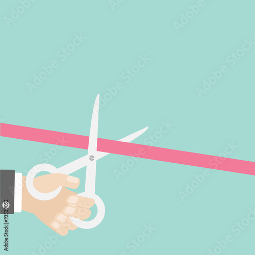 Hand scissors cut the straight ribbon left. Opening ceremony. Inauguration Flat design style.