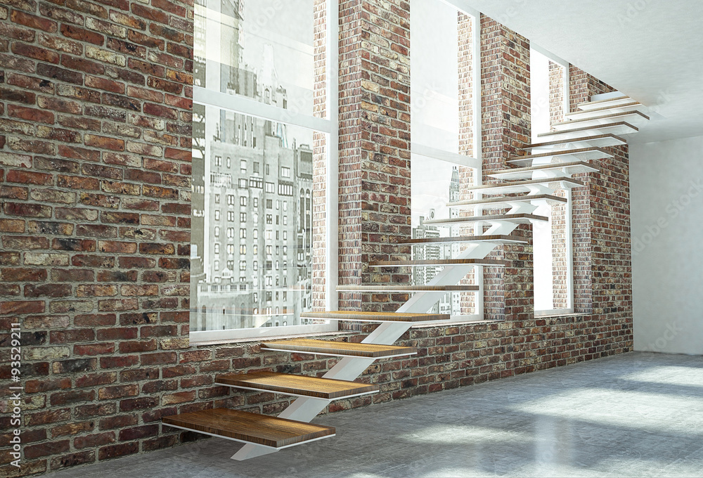 Scala dritta con trave in acciaio e legno vista laterale Stock