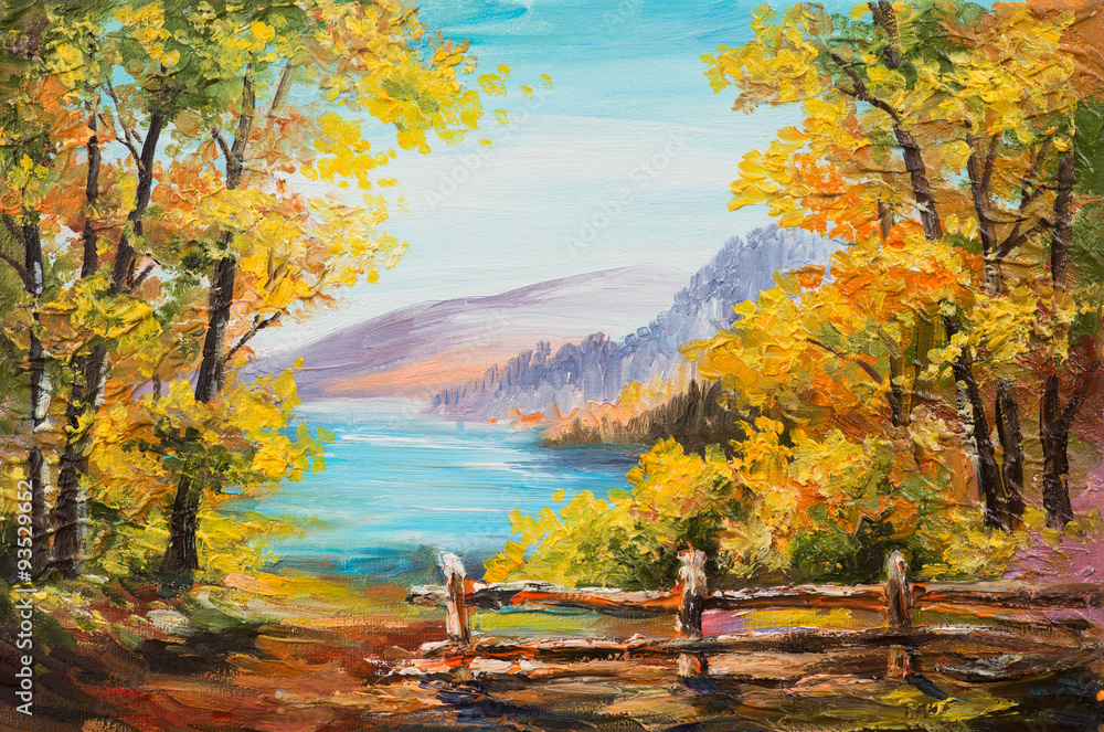 Obraz premium Oil painting landscape - colorful autumn forest, mountain lake, impressionism 