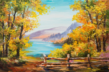 Acrylglasbilder Orange Oil painting landscape - colorful autumn forest, mountain lake, impressionism   © Fresh Stock