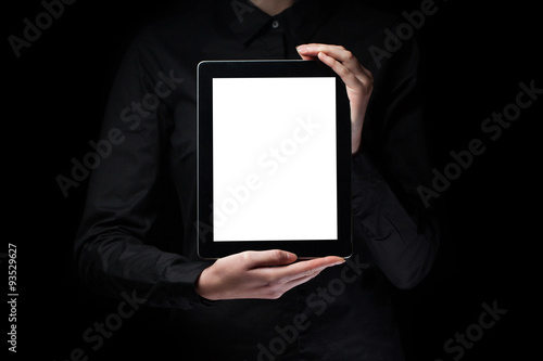 woman hands holding and showing a tablet pc