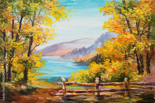 Oil painting landscape - colorful autumn forest, mountain lake, impressionism 