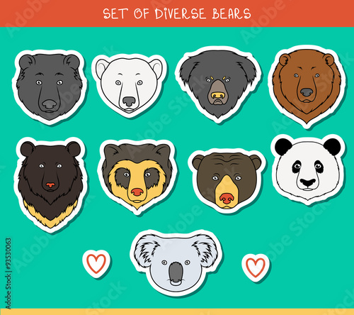 Photography Set 9 muzzles stickers bears handmade, linear style. Bear faces