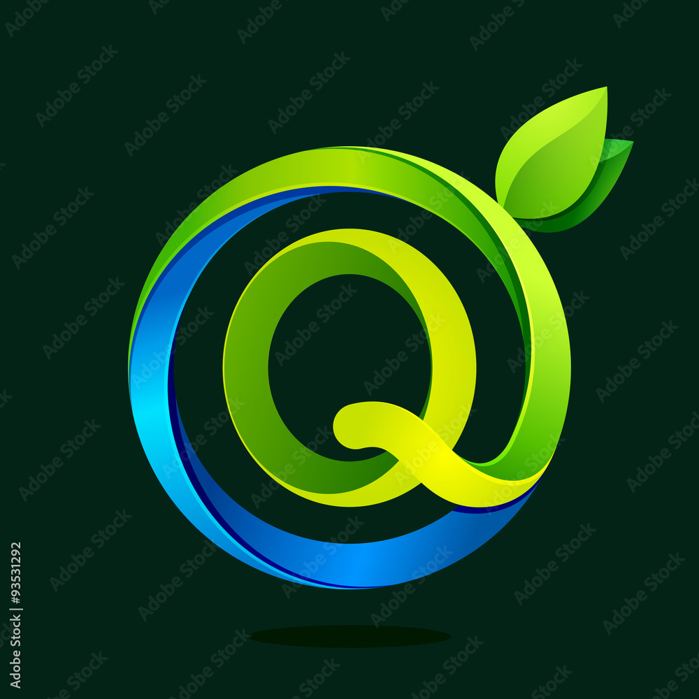 Q letter with green leaves and water waves. Q letter with green leaves and water waves.