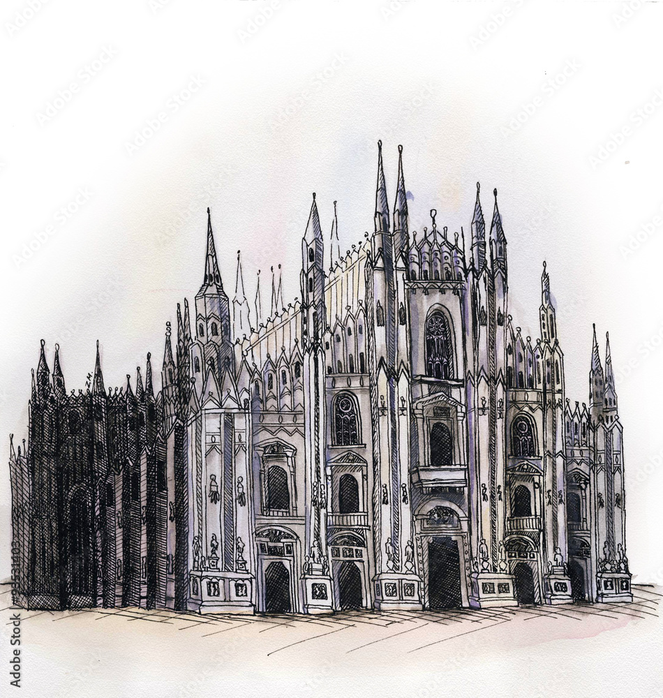 Fototapeta premium the Milan cathedral Dome watercolor hand drawing, arhitectural buillding isolated on the white background.