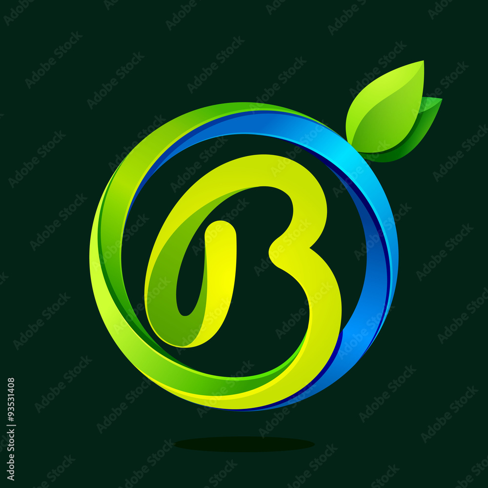 B letter with green leaves and water waves. B letter with green leaves and water waves.