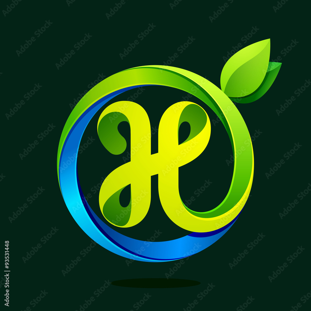 H letter with green leaves and water waves. H letter with green leaves and water waves.