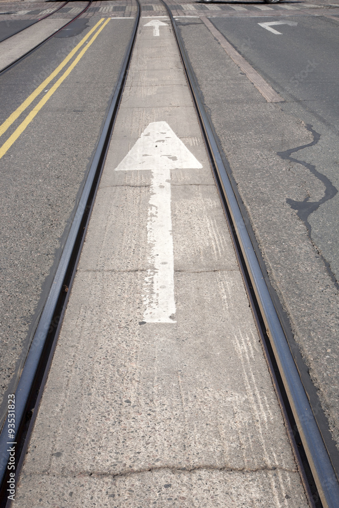 Arrow Sign in between Tram Tracks in Helsinki