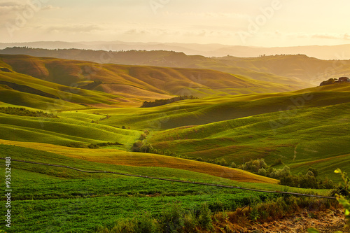 Beautiful view of green fields and meadows at sunset in Tuscany