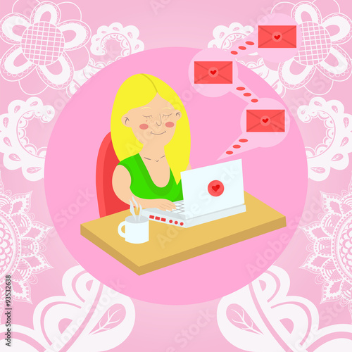 girl sitting with a laptop at the table and gets love letters. v