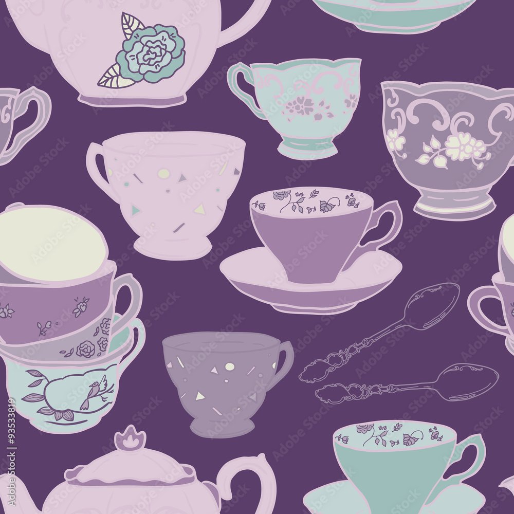 Vector seamless pattern with teapots, teacups, spoon. Retro tea background in vivid colors.