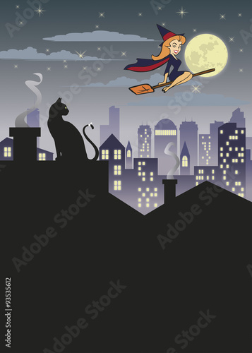 bruja, gato y edificios