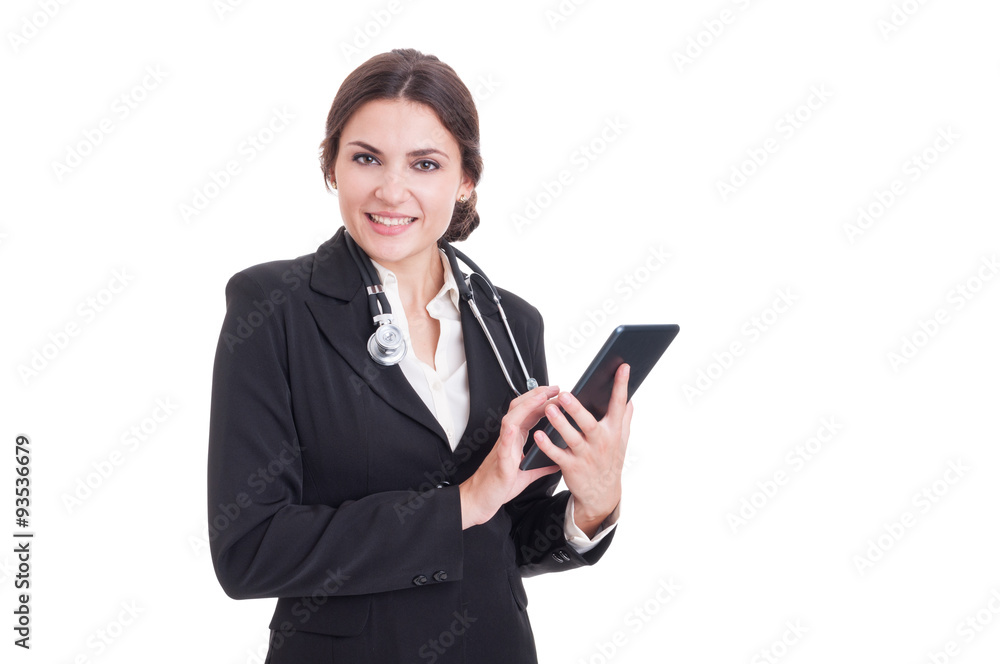 Young smiling modern female medic or doctor using wireless table Young smiling modern female medic or doctor using wireless table