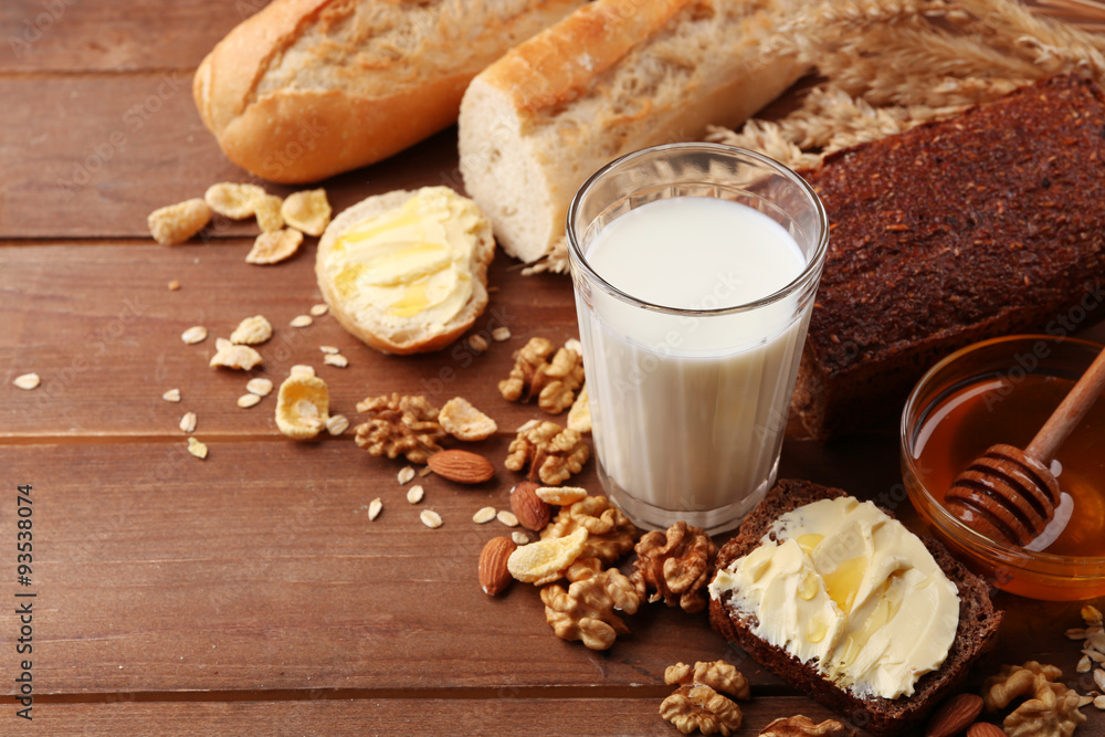 Healthy breakfast with bread, honey, nuts. Country breakfast concept