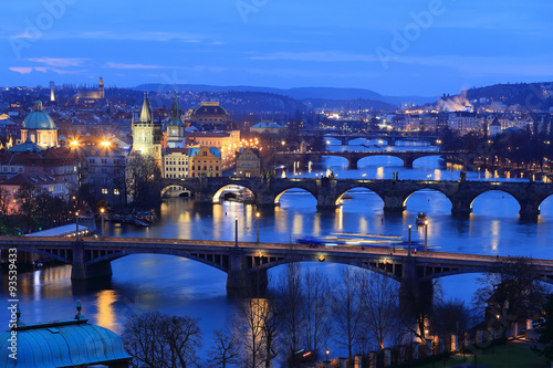 Canvas Print Colorful evening Prague City with its Bridge sabove River Vltava, Czech Republ