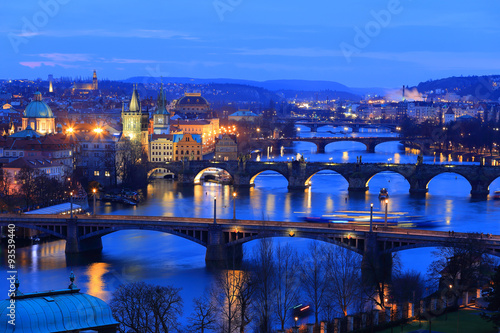Canvas Print Colorful evening Prague City with its Bridge sabove River Vltava, Czech Republ