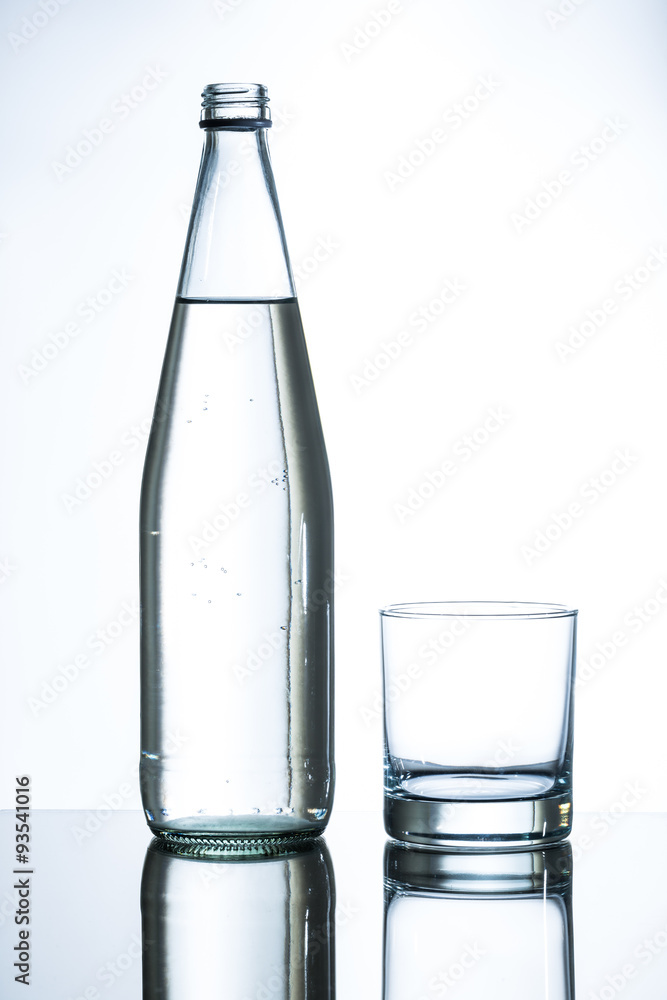 bottle of water and empty glass