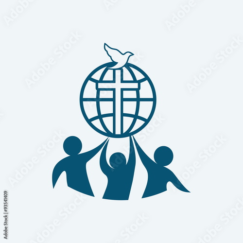Church logo. Dove, fellowship, people, silhouettes, cross, globe, icon, symbol
