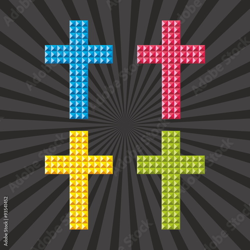 Church logo. Red, blue, green, yellow, cross, icon, textured