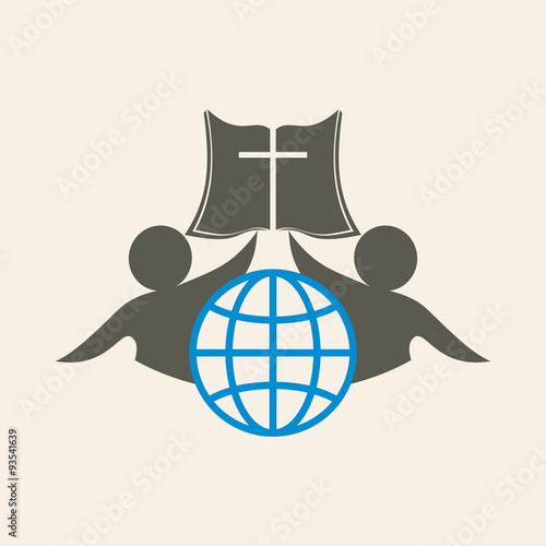 Church logo. Globe, people, membership, Bible, cross, icon, gray, blue
