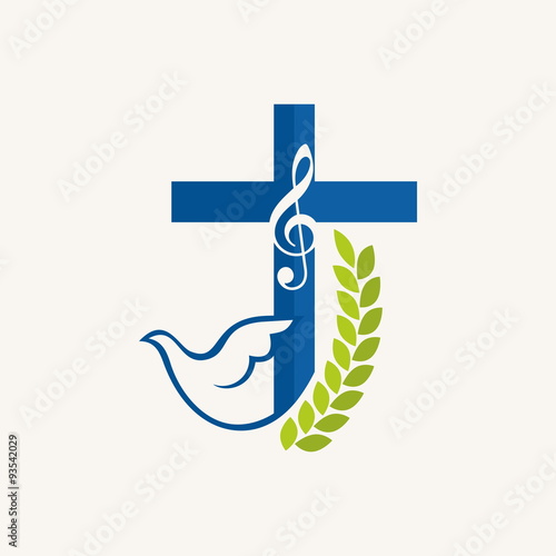 Church logo. Fig, dove, cross, music note, music, icon, blue