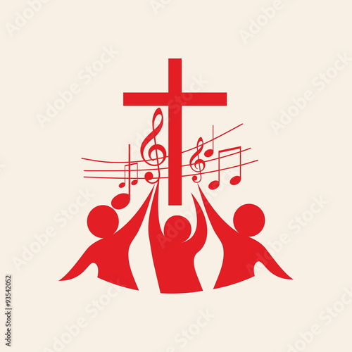 Church logo. Cross, music, music notes, song, choir, people, red
