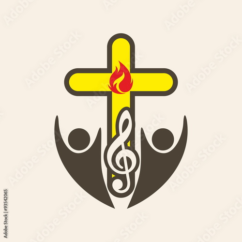 Church logo. Choir, worship music, cross, G cleft, music, icon, flame, people, song, icon