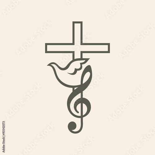 Church logo. Worship music, music, key, G cleft, dove, cross, icon