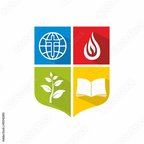 Church logo. Color blocks, green, yellow, Bible, growth, sprout, missions, shield, flame, cross, globe, red, blue, icon