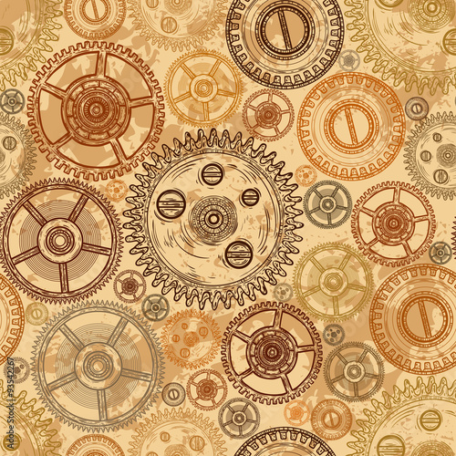 Vintage seamless pattern with gears of clockwork on aged paper background. Retro hand drawn vector illustration.