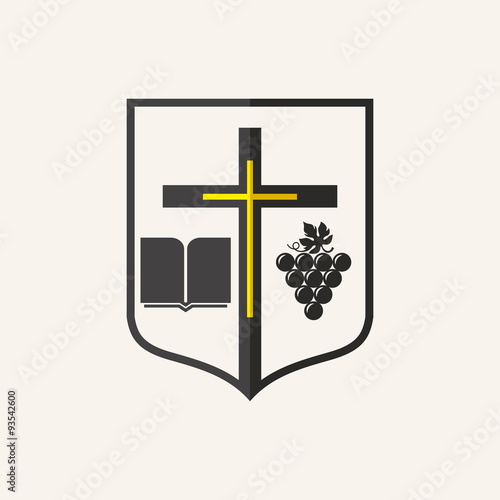 Church logo. Cross, shield, Bible, grapes, icon