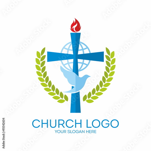 Church logo. Cross, globe, dove and flame